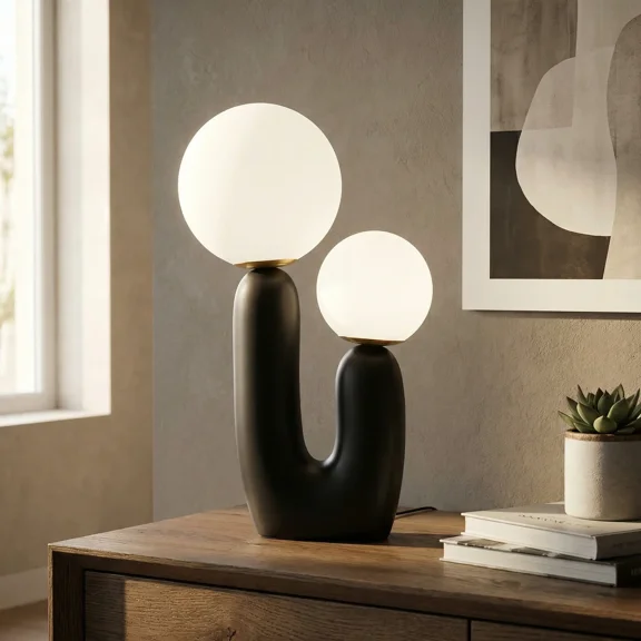 Arturesthome Boho Sculptural Double Globe Table Lamp - 2-Light Ceramic U-Shaped Bedside Lamp with Frosted Glass Shades