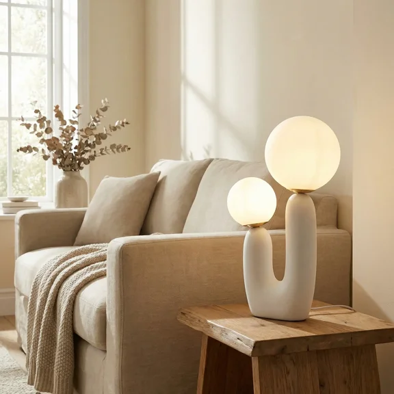 Arturesthome Boho Sculptural Double Globe Table Lamp - 2-Light Ceramic U-Shaped Bedside Lamp with Frosted Glass Shades