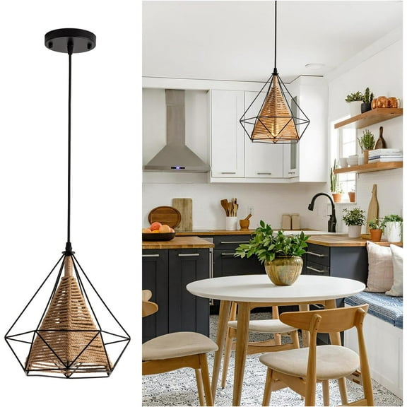 Arturesthome Farmhouse Black Cage Pendant Light, Vintage Hemp Rope Caged Pendant Lighting Fixture, Retro Modern Bamboo Diamond Pendant Lamp for Kitchen Island, Dining Room, Bedroom, Bar