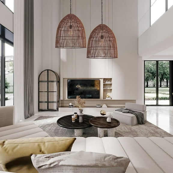 Arturesthome Farmhouse Rattan Pendant Light Set of 2, Handwoven 19.68” Big Rattan Caged Dome Brown Ceiling Pendant Lighting Fixtures for Kitchen Island Dining Room Living Room Hallway