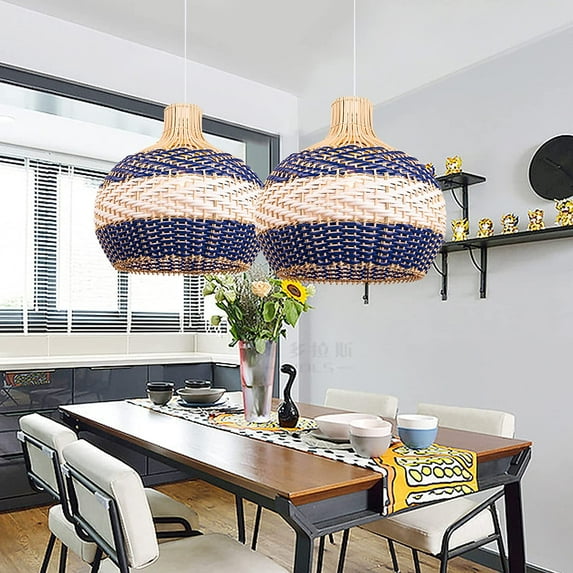 Arturesthome Hand-Woven Rattan Chandelier, Rattan Pendant Light Fixtures Ceiling, Wicker Hanging Lamp for Dining Room Bedroom Kitchen Island Blue