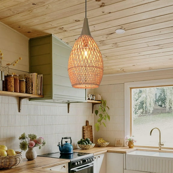 Arturesthome Handmade Rattan Pendant Light, Modern Minimalist Style Teardrop Shaped Lampshade Rattan Pendant Light, Suitable for Bedrooms