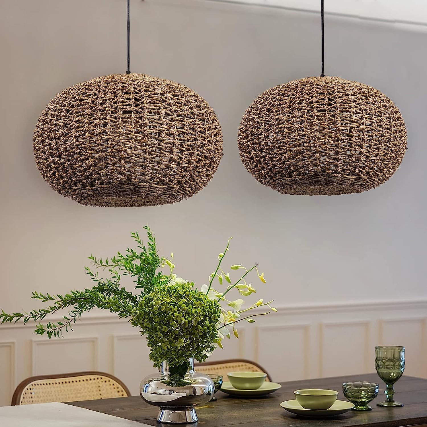 Arturesthome Handwoven Boho Pendant Lights Rattan Wicker Hanging Ceiling Lighting Fixture Weave Chandelier Lamp Shade for Kitchen Island Restaurant Craft Room