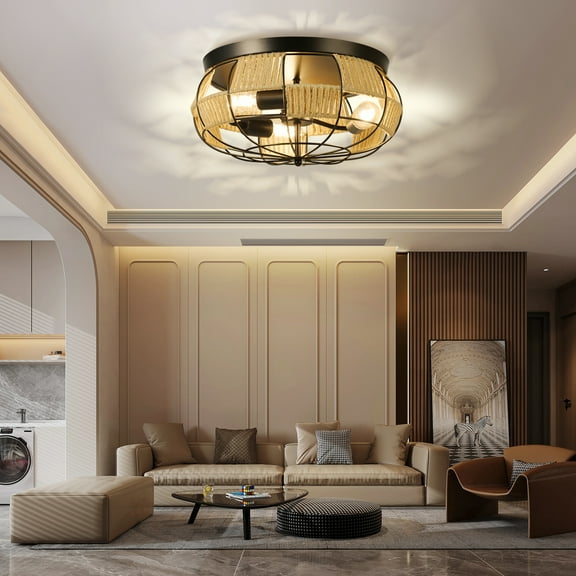 Arturesthome Hemp Rope Rattan Flush Mount Light Fixture Industrial Black Metal Cage Semi Ceiling Lighting Lamp Wicker Rustic Farmhouse Chandelier for Hallway Dining Room Kitchen Bedroom