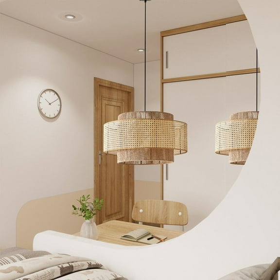 Arturesthome Hemp Rope and Rattan cylindrical chandelier,Nordic Retro lampshade,Wabi sabi lamp,Rattan Hanging Lamp,Living Dining Room Decor,Light Fixture