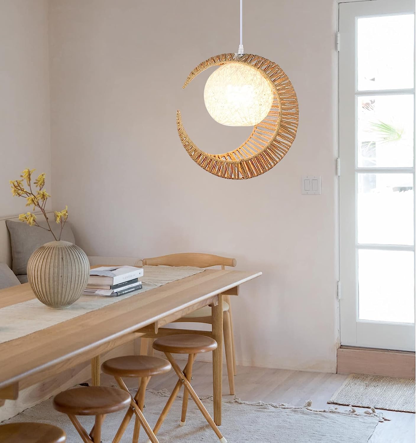 Arturesthome Modern Moon Shape Pendant Lamp Hand Woven Chandelier Ceiling Light Wicker Pendant Lights Fixture for Child Bedroom Home Decor