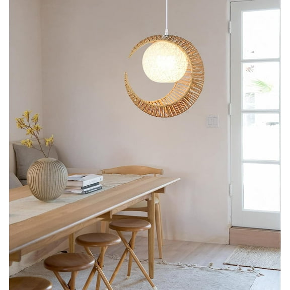 Arturesthome Modern Moon Shape Pendant Lamp Hand Woven Chandelier Ceiling Light Wicker Pendant Lights Fixture for Child Bedroom Home Decor