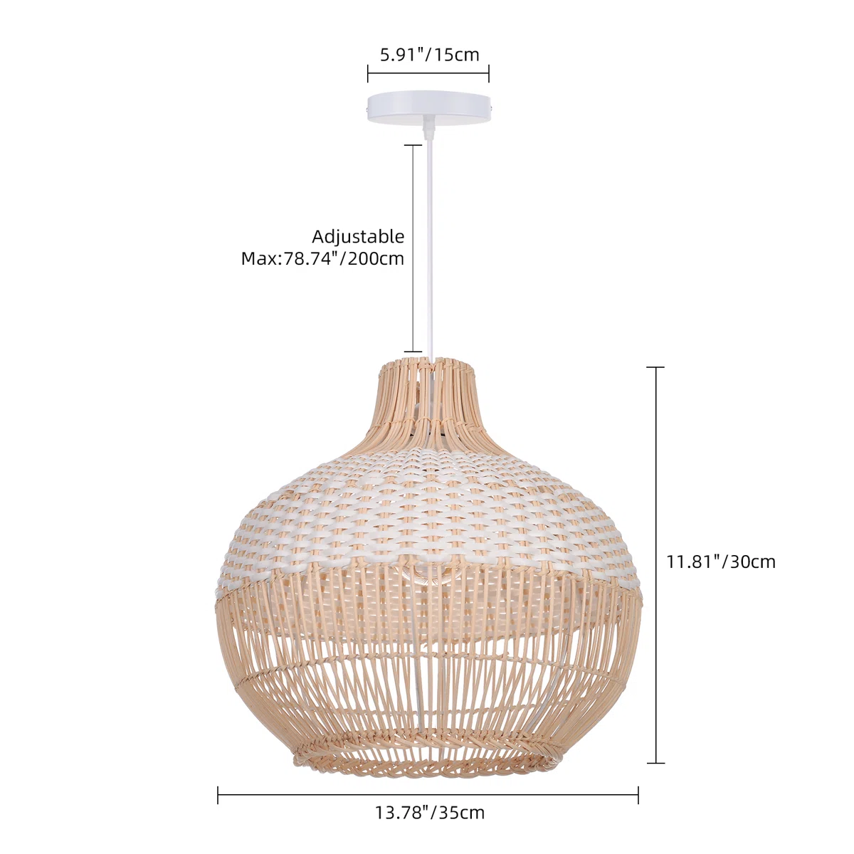 Arturesthome Rattan Pendant Light Fixture Hand-Woven White Wicker Basket Chandelier Boho Faux Rattan Hanging Lamp for Dining Living Bedroom Kitchen