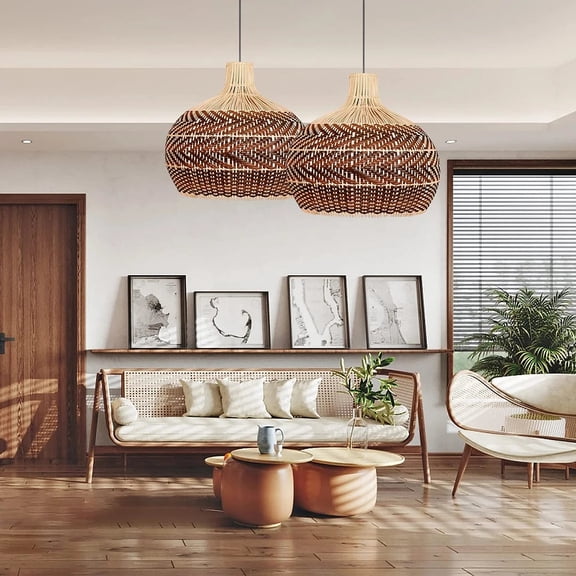 Arturesthome Rattan Pendant Light for Kitchen Island, Wicker Chandelier, Handmade Woven Hanging Ceiling Light Lampshade for Living Room Bedroom