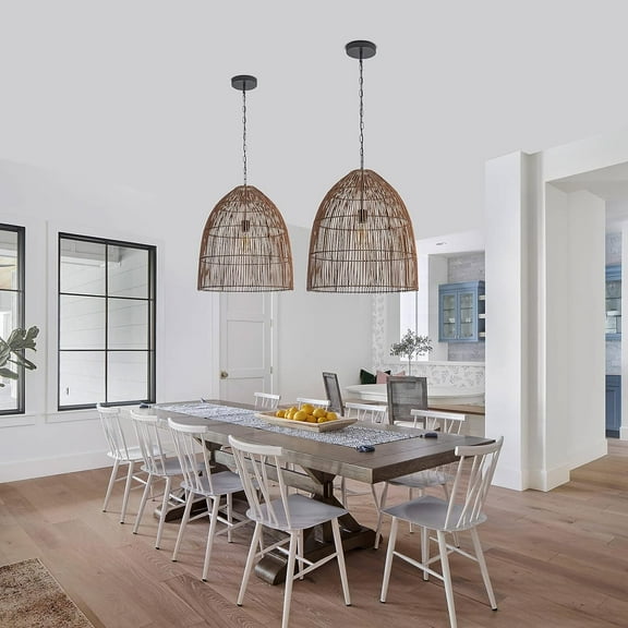 Arturesthome Rattan Pendant Lighting Fixture, Modern Farmhouse Rattan Dome Kitchen Island Pendant Light for Dining Room Living Room Hallway Foyer, 13.77”, 2 Pack