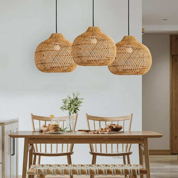 Arturesthome Rattan Pendant Lights, Large Wicker Chandelier Hand-Woven Boho Pendant Light Rattan Basket Hanging Light for Dining Room Kitchen Island Living Room