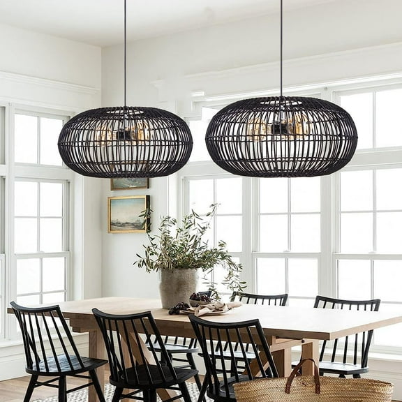 Arturesthome Rattan Pendant Lights Wicker Chandelier Boho Basket Lighting Fixture Large Natural Woven Hanging Light for Kitchen Island Sink Dining Room Entryway Black 3-Lights