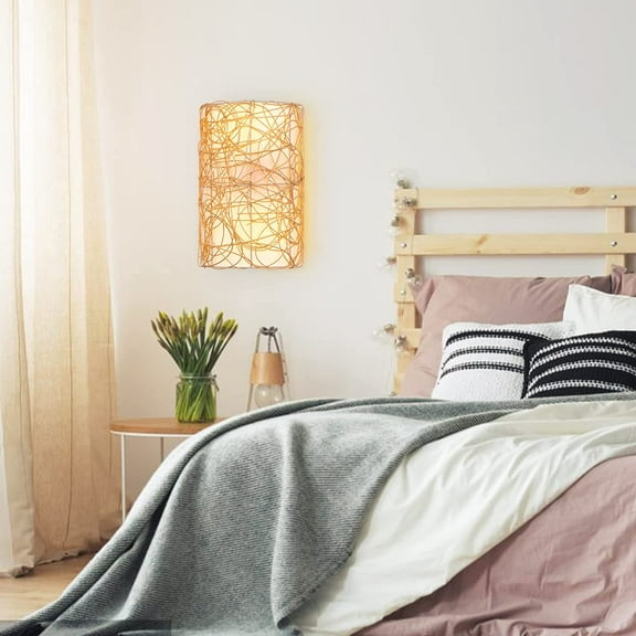 Arturesthome Rustic Wall Lamps, Retro Bohemian Sconce Lights, Natural Rattan Woven Lampshade for Bedside House Reading Living Room Bedroom Kitchen Corridor Lantern