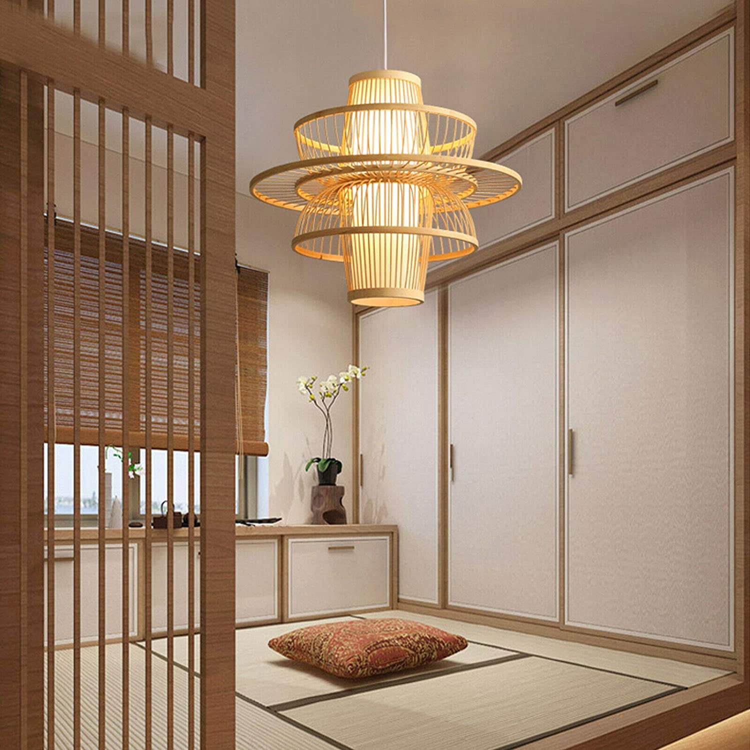 Arturesthome Vintage Bamboo Wicker Rattan Chandelier Lantern Pendant Light Hanging Ceiling Lamp Fixture