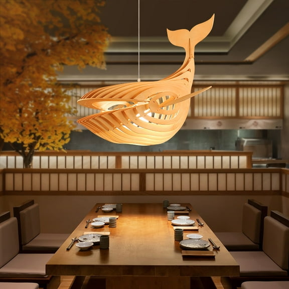 Arturesthome Whale Wood Hanging Pendant Light Whale Hanging Lamp Contemporary 1 Light Wooden Pendant Lighting Art Deco Hanging Light Woodcraft Japanese Style Fish Hanging Lamp