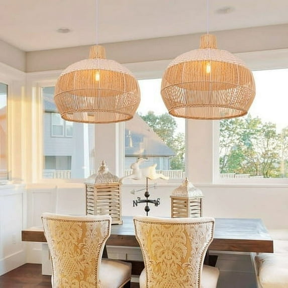 Arturesthome White Handwoven Rattan Boho Pendant Lighting Fixtures Wicker Hanging Ceiling Light Chandelier Handmade Woven Basket Lampshade- Lights