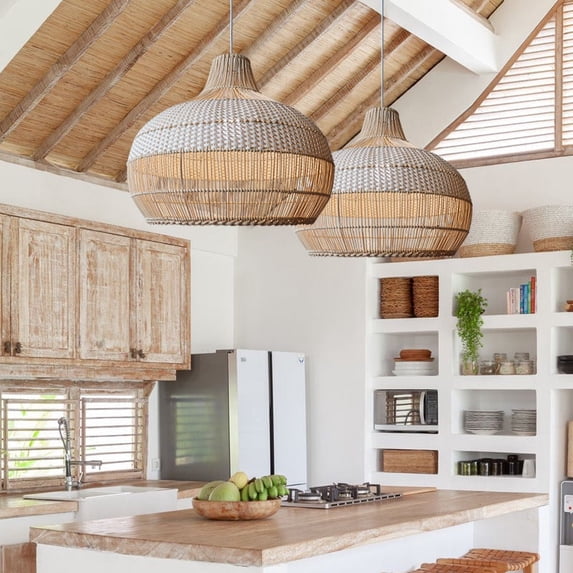 Arturesthome White Handwoven Rattan Boho Pendant Lighting Fixtures Wicker Hanging Ceiling Light Chandelier Handmade Woven Basket Lampshade1-Lights Natural E26/27