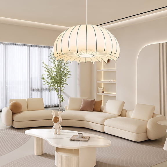 Arturesthome White Minimalist Silk Chandelier,French Vintage Style Bedroom Hanging Light,Fabric Art Decorative Lamp,Handmade Fabric Pendant Light