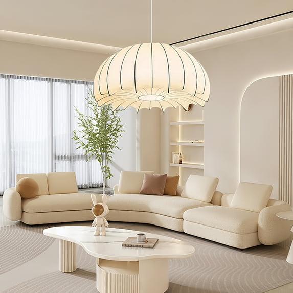 Arturesthome White Minimalist Silk Chandelier,French Vintage Style Bedroom Hanging Light,Fabric Art Decorative Lamp,Handmade Fabric Pendant Light