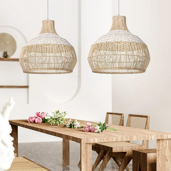 Arturesthome White Rattan Pendant Light, Wicker Hanging Ceiling Light Chandelier, Handmade Woven Lampshade for Kitchen Island