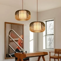 Arturesthome Wood Pendant Lights, Wicker Drum Chandelier Boho Pendant Light Basket Lighting Fixture, Large Natural Woven Hanging Lamp for Kitchen Island Dining Room Entryway