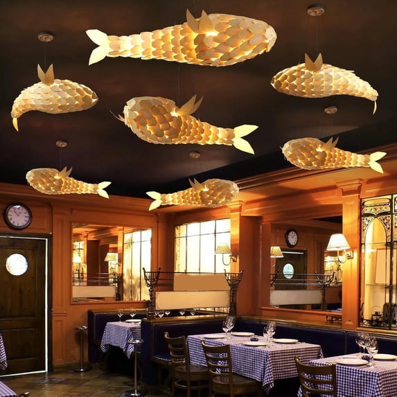 Arturesthome Wooden Fish Shaped Pendant Lights Decorative Rustic Chandelier - Wood Hanging Lamp Fixture