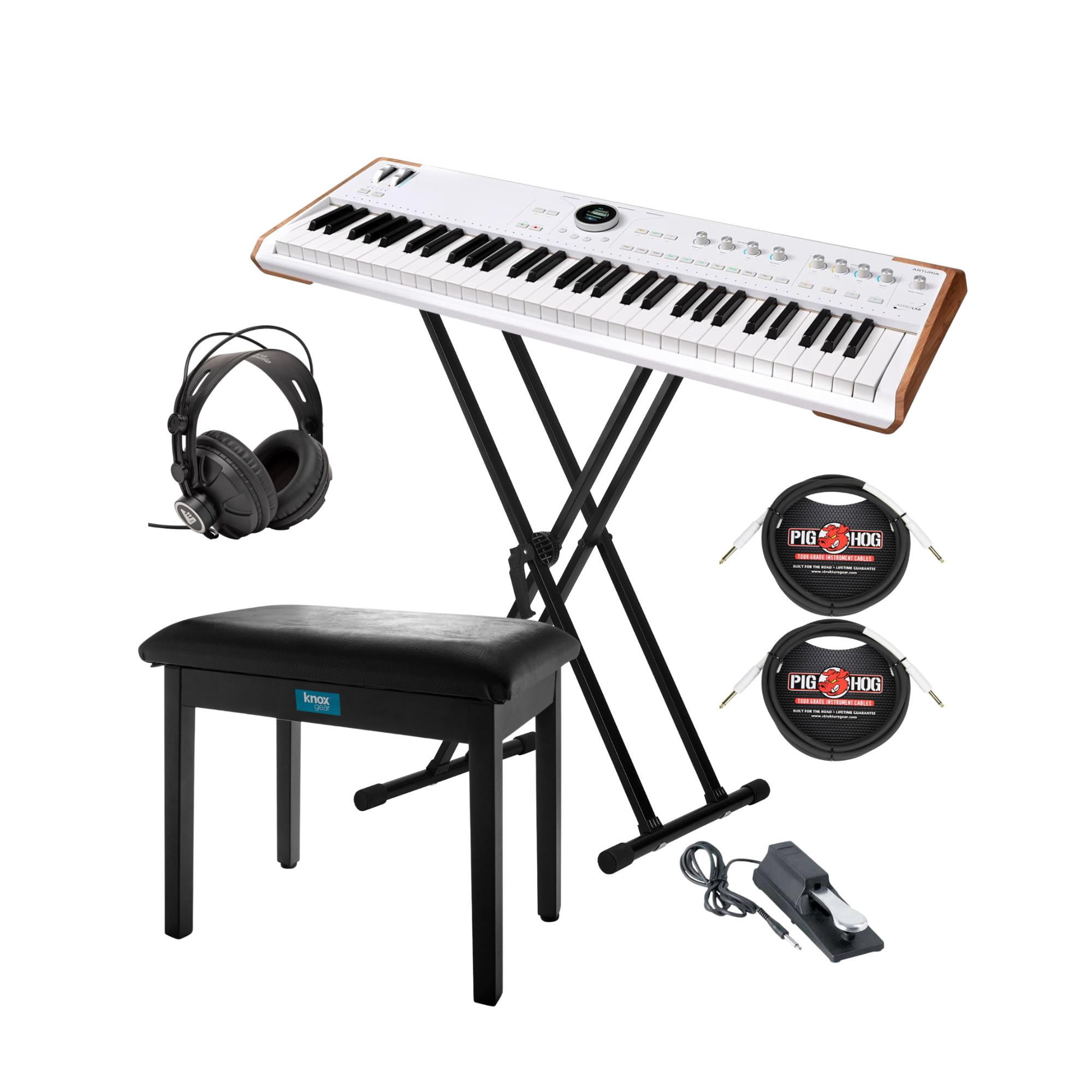 Arturia Astrolab Avant-Garde 61-Note Semi-Weighted Stage Keyboard (White) Bundle with Knox Gear Stand, Knox Gear Bench (Black), Knox Gear Headphones, Pedal (Black) and Guitar Cable (2-Pack) (7 Items)