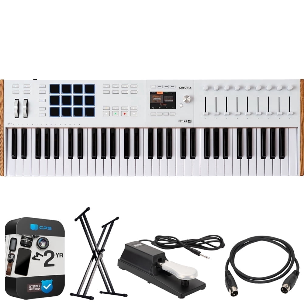 Arturia KeyLab 61 Mk3 61-Key USB MIDI Controller Keyboard, White 231631 Bundle with OnStage Double-X Keyboard Stand + 5-Ft M-to-M MIDI Cable + Sustain Pedal + 2 Year Enhanced Protection Pack