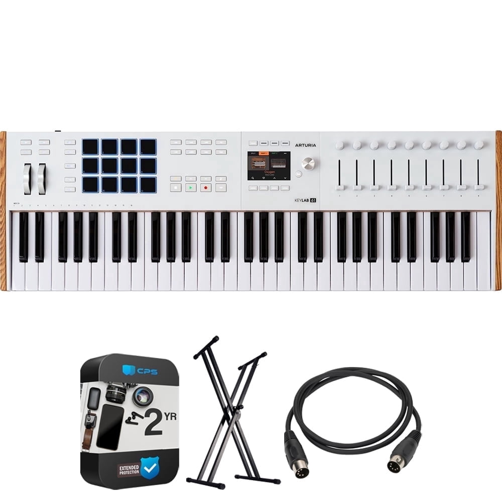 Arturia KeyLab 61 Mk3 61-Key USB MIDI Controller Keyboard, White 231631 Bundle with OnStage KS7171 Double-X Keyboard Stand + 5-Ft Male-to-Male MIDI Cable + 2 Year Enhanced Protection Pack