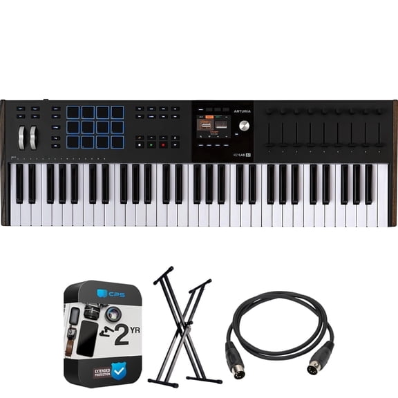 Arturia KeyLab 61 mk3 61-Key USB MIDI Controller Keyboard, Black 231632 Bundle with OnStage KS7171 Double-X Keyboard Stand + 5-Ft Male-to-Male MIDI Cable + 2 Year Enhanced Protection Pack