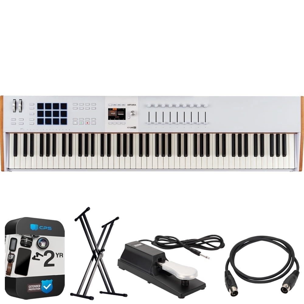 Arturia KeyLab 88 mk3 88-Key Weighted Hammer MIDI Controller Keyboard, White 231641 Bundle w/ OnStage Double-X Keyboard Stand + 5Ft M-to-M MIDI Cable + Sustain Pedal + 2 Year Enhanced Protection Pack