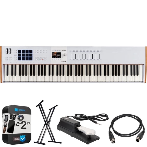 Arturia KeyLab 88 mk3 88-Key Weighted Hammer MIDI Controller Keyboard, White 231641 Bundle w/ OnStage Double-X Keyboard Stand + 5Ft M-to-M MIDI Cable + Sustain Pedal + 2 Year Enhanced Protection Pack