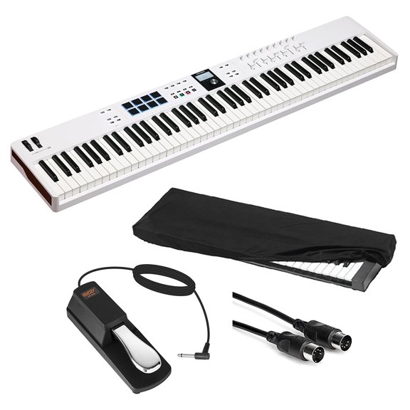 Arturia KeyLab Essential 88 mk3 88 key USB MIDI Controller with Software (White) Bundle with Auray Universal Piano-Style Sustain Pedal, Hosa Black 10' Midi cable and Kaces Keyboard Dust Cover