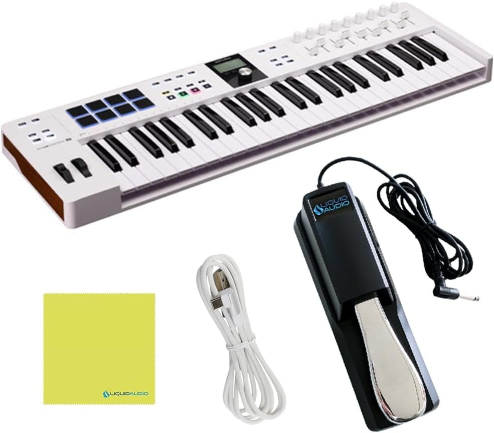 Arturia KeyLab Essential MK3 49 Key Keyboard, MIDI Keyboard Controller Bundle with Sustain Pedal, USB Cable, Polishing Cloth- Music Recording Software Included, MIDI Piano for Home Studio, White