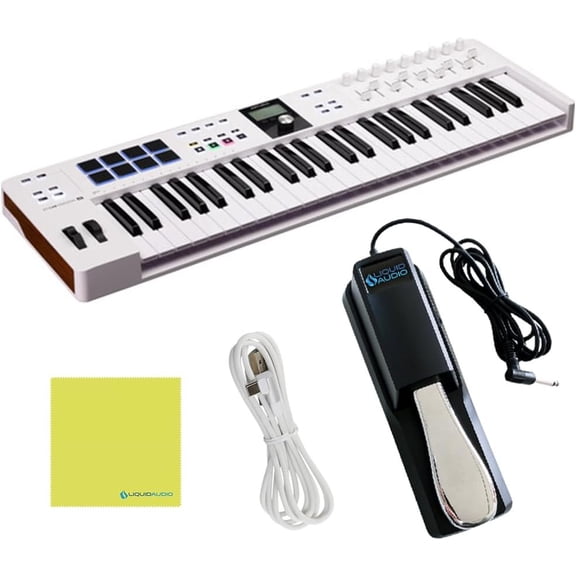 Arturia KeyLab Essential MK3 49 Key Keyboard, MIDI Keyboard Controller Bundle with Sustain Pedal, USB Cable, Polishing Cloth- Music Recording Software Included, MIDI Piano for Home Studio, White