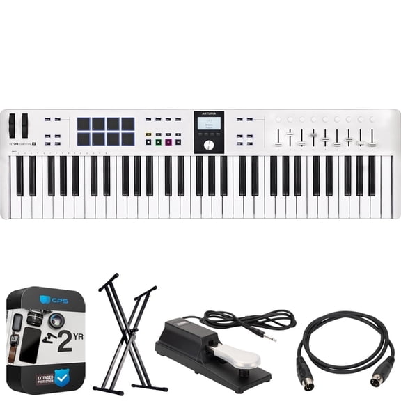 Arturia KeyLab Essential Mk3 61-Key USB MIDI Controller Keyboard, White 231531 Bundle with OnStage Double-X Keyboard Stand + 5-Ft M-to-M MIDI Cable + Sustain Pedal + 2 Year Enhanced Protection Pack