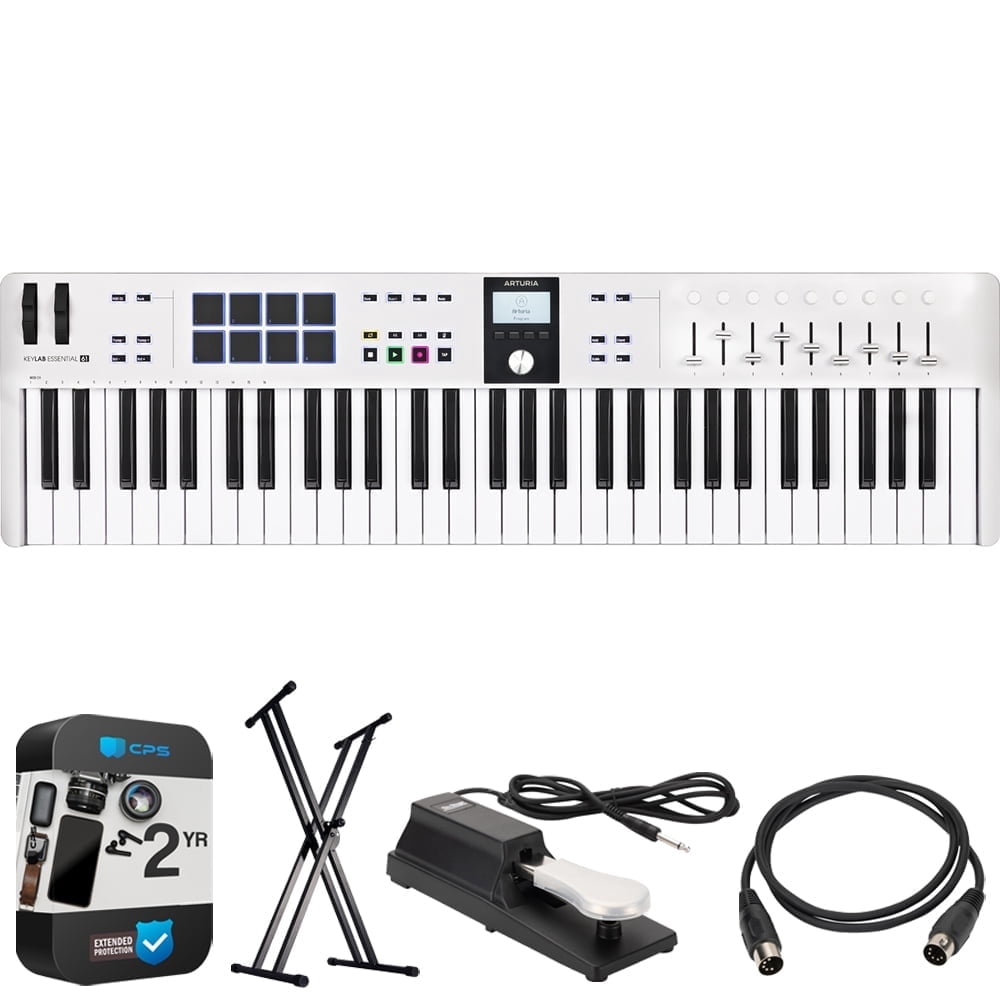 Arturia KeyLab Essential Mk3 61-Key USB MIDI Controller Keyboard, White 231531 Bundle with OnStage Double-X Keyboard Stand + 5-Ft M-to-M MIDI Cable + Sustain Pedal + 2 Year Enhanced Protection Pack