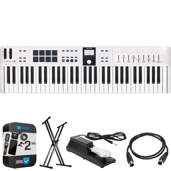 Arturia KeyLab Essential Mk3 61-Key USB MIDI Controller Keyboard, White 231531 Bundle with OnStage Double-X Keyboard Stand + 5-Ft M-to-M MIDI Cable + Sustain Pedal + 2 Year Enhanced Protection Pack