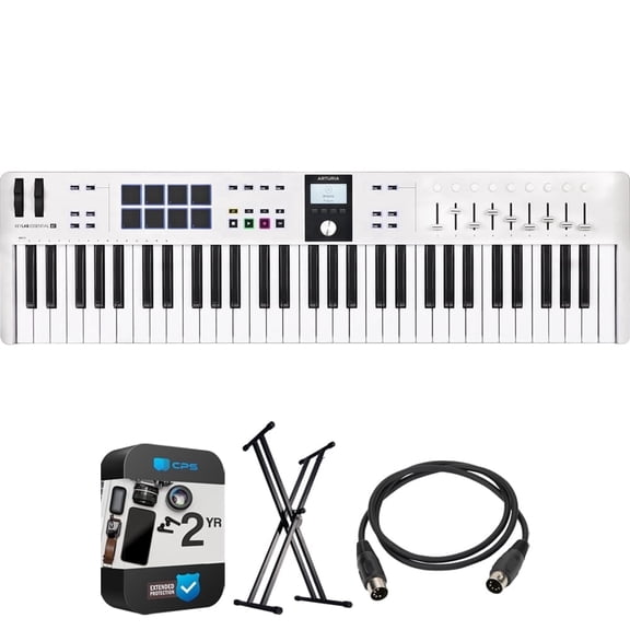 Arturia KeyLab Essential Mk3 61-Key USB MIDI Controller Keyboard, White 231531 Bundle with OnStage KS7171 Double-X Keyboard Stand + 5-Ft Male-to-Male MIDI Cable + 2 Year Enhanced Protection Pack