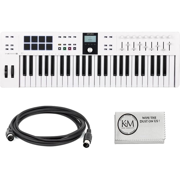Arturia KeyLab Essential mk3 49-Key Universal MIDI Controller and Software | White with 6ft MIDI Cable & Cleaning Cloth (3 Items)