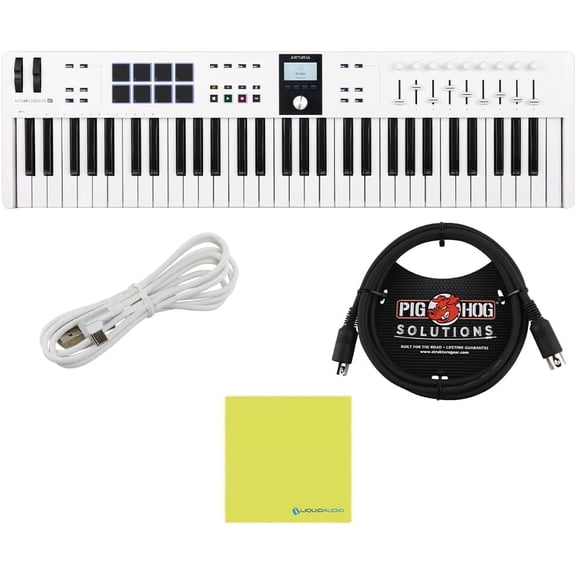 Arturia KeyLab Essential mk3 MIDI Controller BUNDLE with MIDI Keyboard, 6ft Pig Hog MIDI Cable, USB Cable & Polishing Cloth - 61 Key Keyboard, Software Integration, Flexible Connectivity