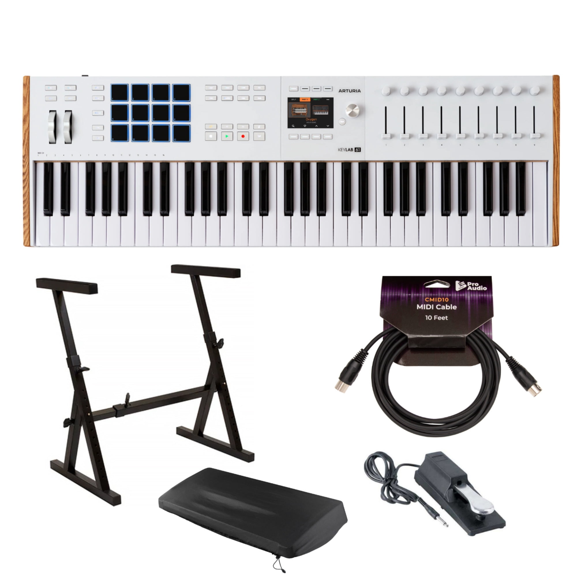 Arturia KeyLab Mk3 61 Keyboard MIDI Controller with DAW Integration and Enhanced Keybed (White) Bundle with Keyboard Piano Style Sustain Pedal, Keyboard Dust Cover, and 10 Feet MIDI Cable (4 Items)