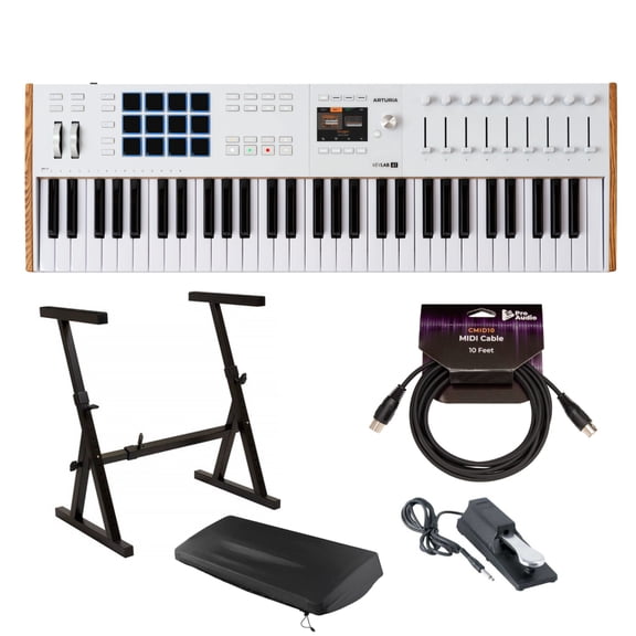 Arturia KeyLab Mk3 61 Keyboard MIDI Controller with DAW Integration and Enhanced Keybed (White) Bundle with Keyboard Piano Style Sustain Pedal, Keyboard Dust Cover, and 10 Feet MIDI Cable (4 Items)