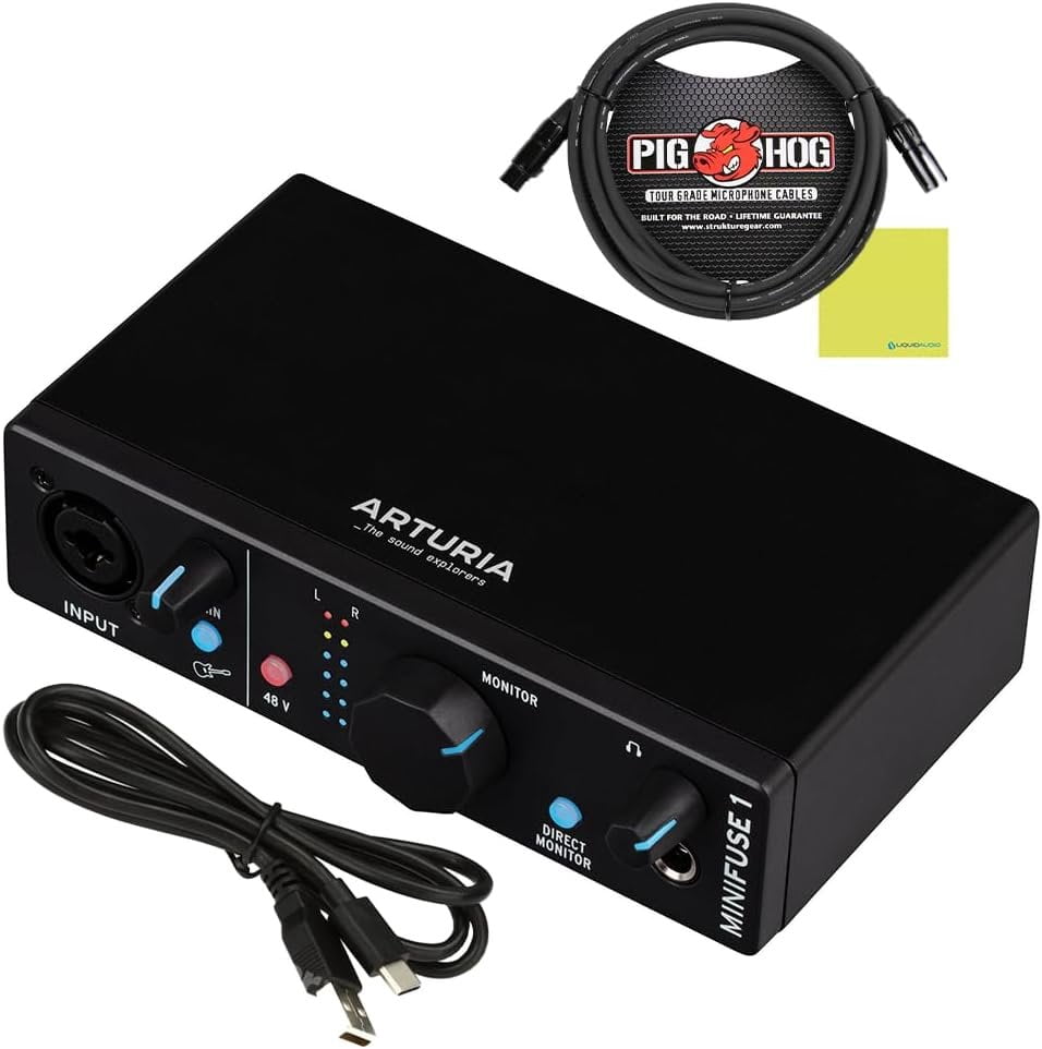 Arturia MiniFuse 1 USB Audio Interface Black Bundle with Pig Hog PHM10 8mm 10ft XLR Microphone Cable and Liquid Audio Instrument Polishing Cloth - Portable Audio Interface for PC, Mac