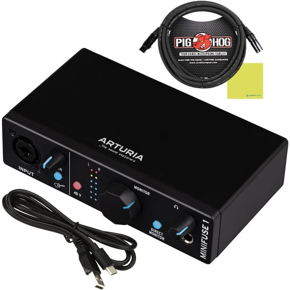 Arturia MiniFuse 1 USB Audio Interface Black Bundle with Pig Hog PHM10 8mm 10ft XLR Microphone Cable and Liquid Audio Instrument Polishing Cloth - Portable Audio Interface for PC, Mac