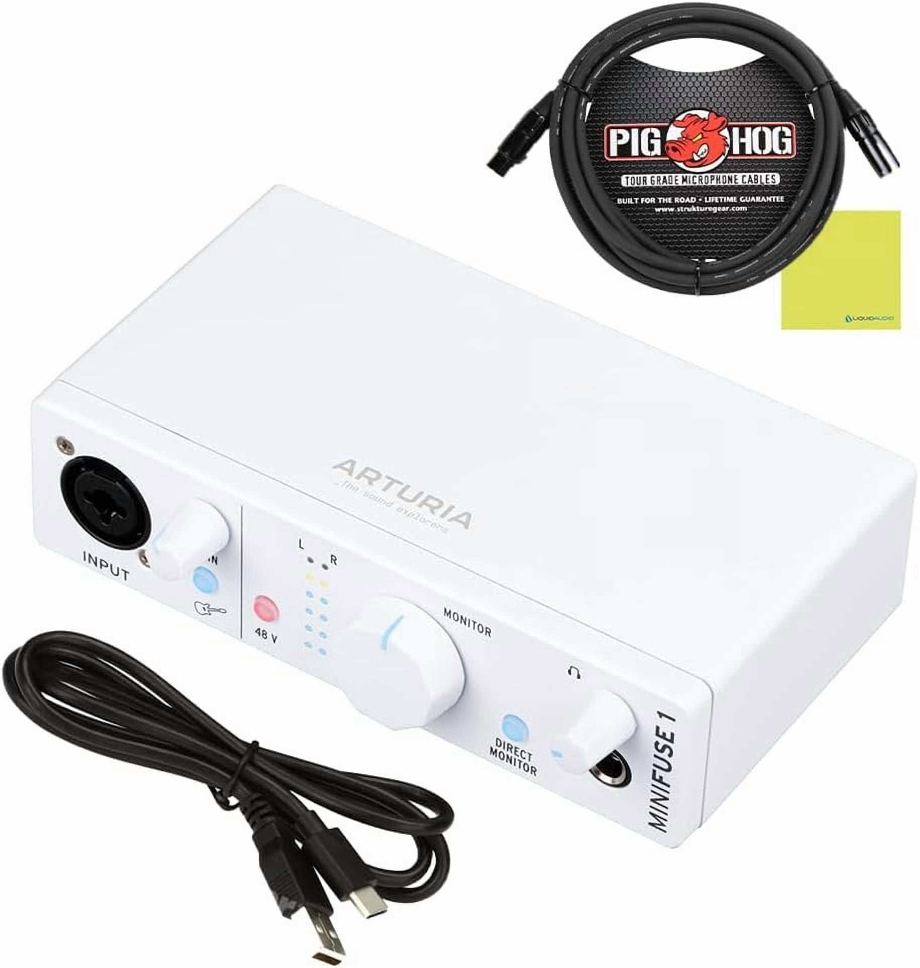 Arturia MiniFuse 1 USB Audio Interface, White Bundle with Pig Hog PHM10 8mm 10ft XLR Microphone Cable and Liquid Audio Instrument Polishing Cloth - Portable Audio Interface for PC, Mac