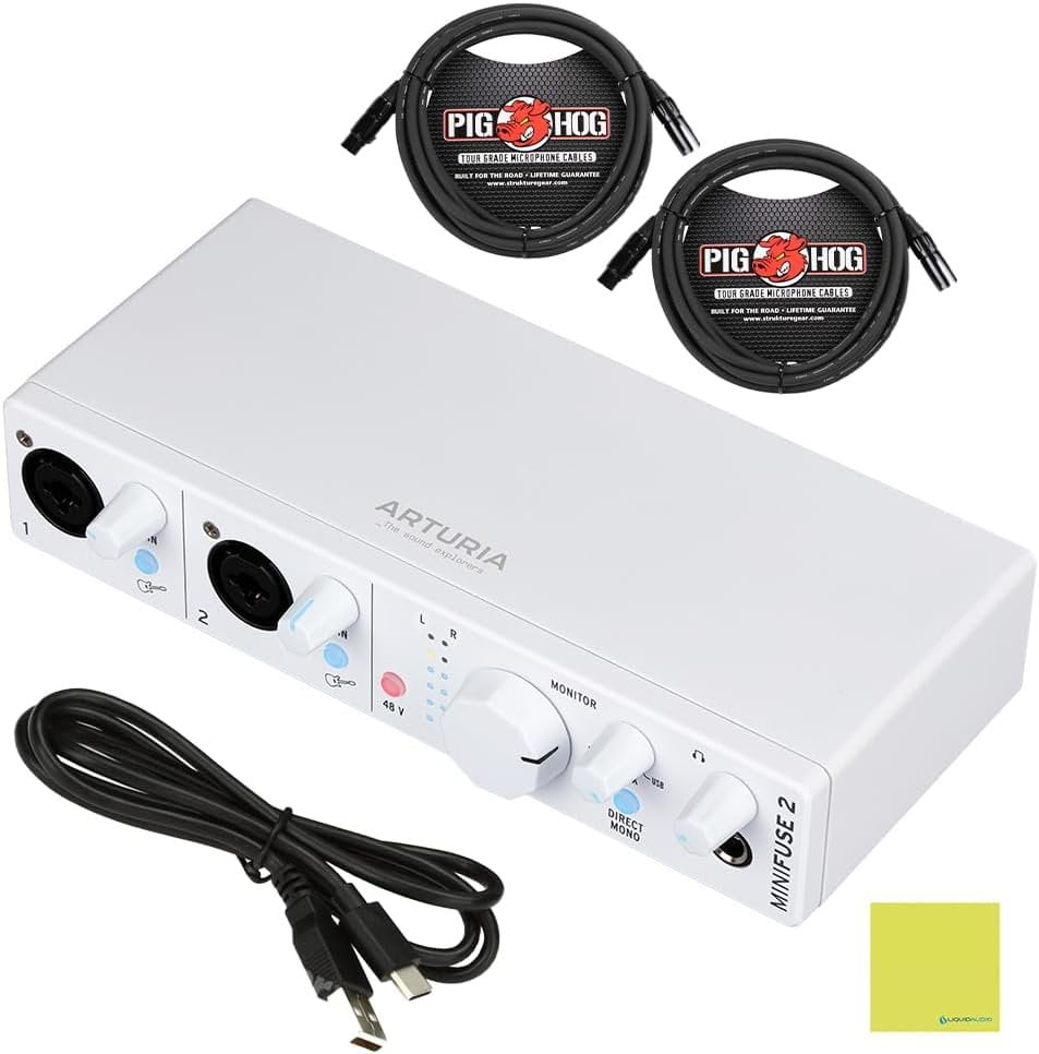 Arturia MiniFuse 2 Dual USB Audio Interface, White Bundle with 2x Pig Hog PHM10 8mm 10ft XLR Microphone Cable and Liquid Audio Instrument Polishing Cloth - Portable Audio Interface for PC, Mac