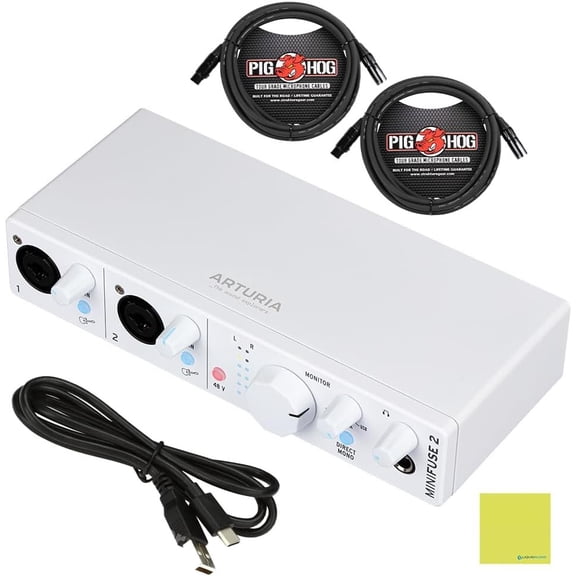 Arturia MiniFuse 2 Dual USB Audio Interface, White Bundle with 2x Pig Hog PHM10 8mm 10ft XLR Microphone Cable and Liquid Audio Instrument Polishing Cloth - Portable Audio Interface for PC, Mac