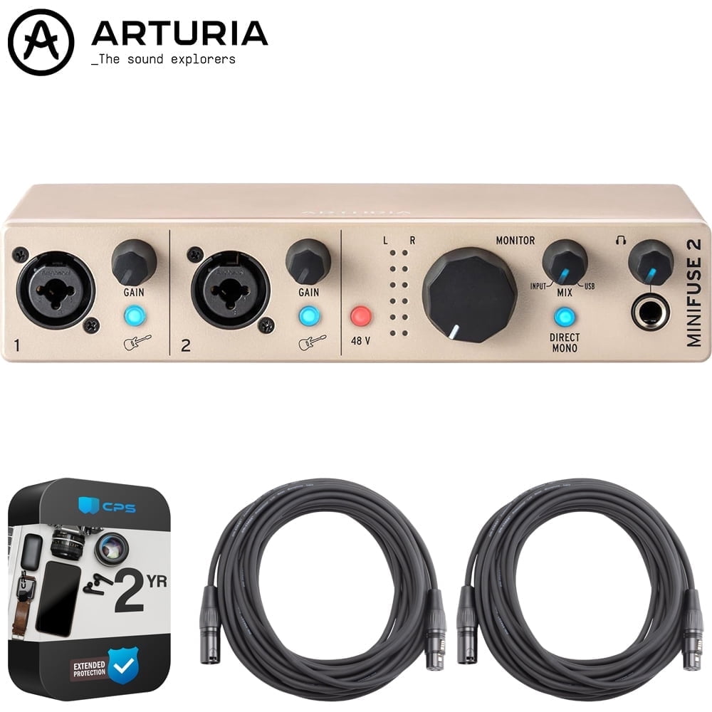 Arturia MiniFuse 2 USB-C Audio Interface, Champagne 800122 Bundle with 2 YR CPS Extended Warranty and 2x OnStage 25ft XLR Cable