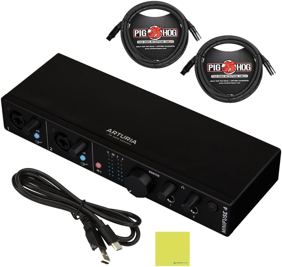 Arturia MiniFuse 4 Versatile Desktop USB Audio Interface Black Bundle with 2x Pig Hog 8mm XLR Microphone Cable 10ft and Liquid Audio Instrument Polishing Cloth - Portable Audio Interface for PC, Mac